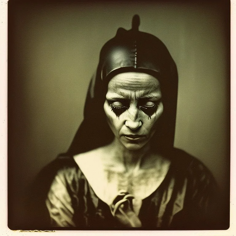 Photorealistic polaroid nothingness and distressing anguish old wooden figure wasteland night, Hieronymus Bosch, shot on Hasselblad, movie shot, details of the dress accentuated, nightmare, hypermaximalist, obsessive, hypnotic