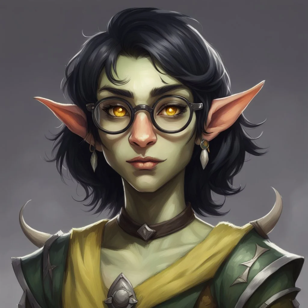 dnd, portrait of cute young orc-elf hybrid femboy, black hair, short hair, curled hair, hair covering one eye, emo hair, round glasses, tusks, sharp teeth, yellow eyes, flat chest, mage, magic, nose ring, pierced ears