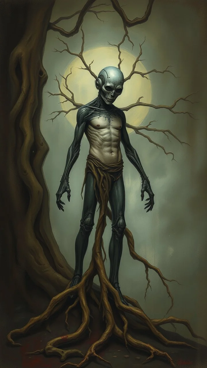 Bosch painting style nightmare, a man with legs looks like tree roots , his head is robot head , dramatic sad scene, fantasy,