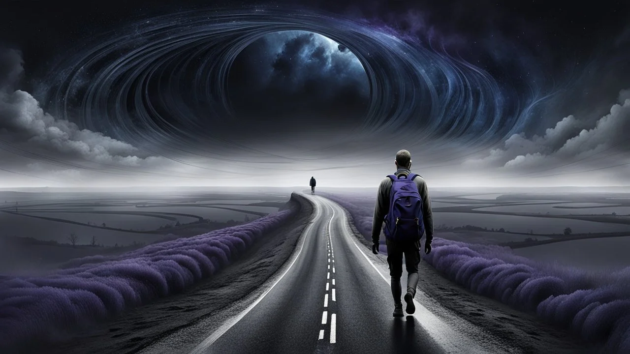 A solitary androgynous figure seen from behind, carrying an oversized heavy dark backpack, walking alone along a long winding road floating on a vast dark sky. Surreal abstract dreamscape, the road curving into endless darkness, abyss, mist, uncertainty and emotional weight, alone caracter, black gray, Dark blue, charcoal and muted purple tones, deep sky, digital art, etheral, atmospheric