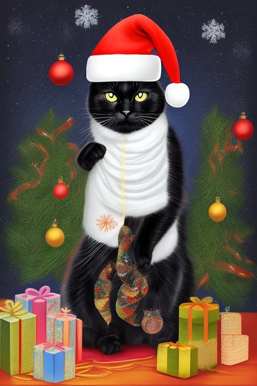a black cat is decorating a christmas tree in the kitchen