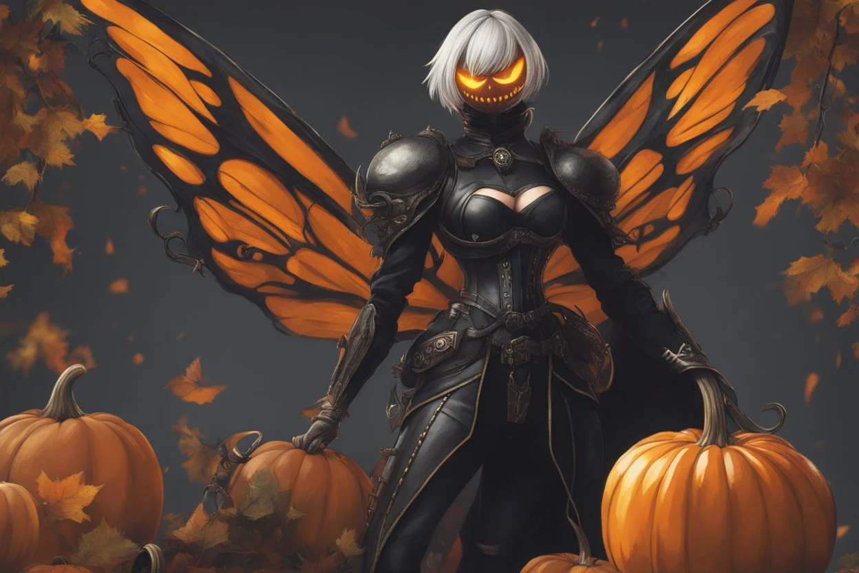 Monarch venom with pumpkin head in nier automata artstyle, halloween them, close picture, fantasy world, intricate details, highly detailed, high details, detailed portrait, masterpiece,ultra detailed, ultra quality