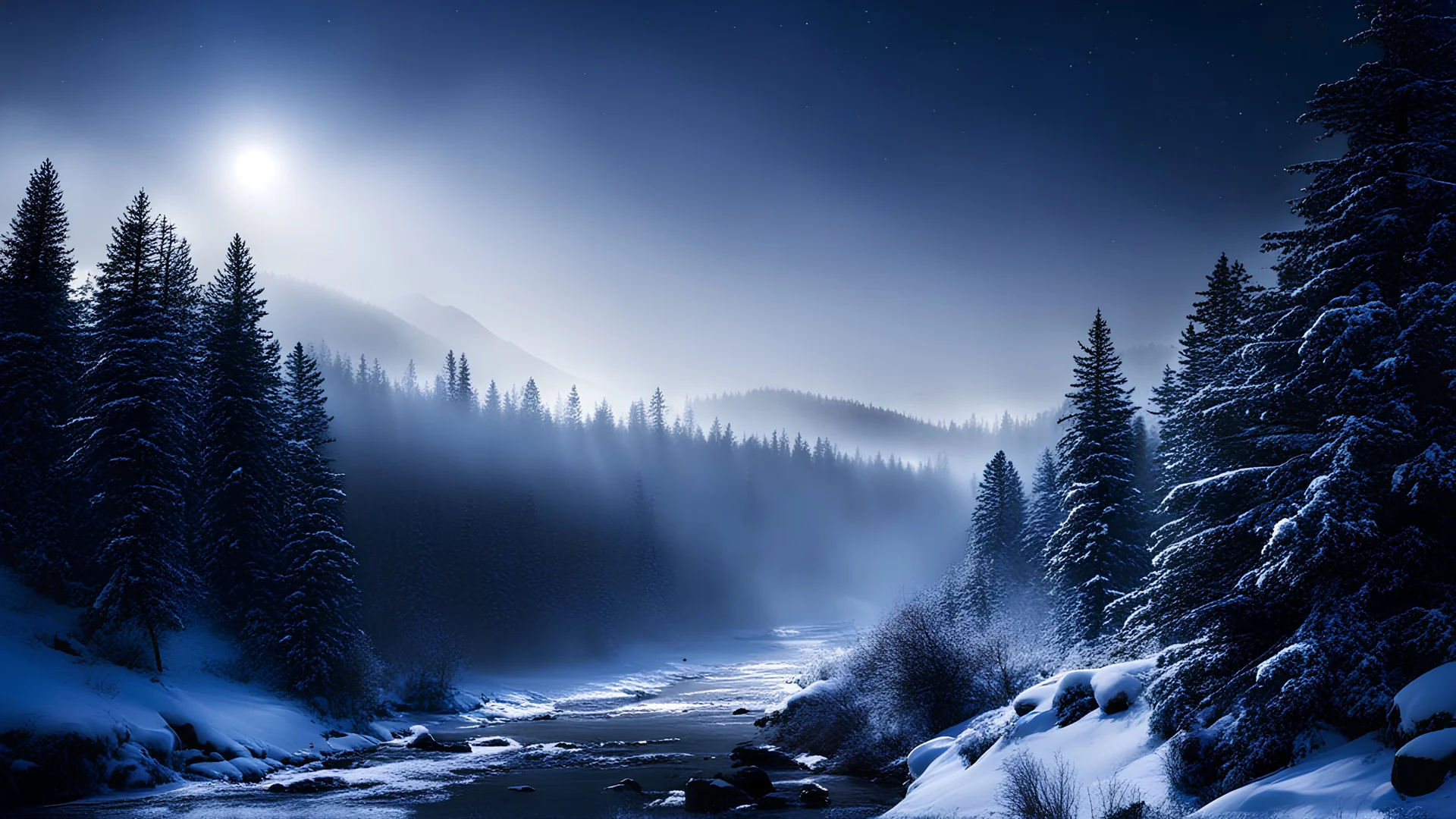 Valley,Night sky,fir forrest scenery,creek,valley,heavy mist,mist shadows,tree,nature,night,snow,fir tree,holy night