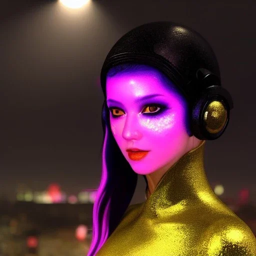 Sweet cyber woman, Rosalia artist, cold ambient, rain, fog, latex, cables, purpurin, black, gold, rings piercing, yellow, decorative color feathers, circuits, neon style, a lot of led lights, fog, rain, vibrant color, highly detailed, art stations, concept art, smooth, unreal engine 5, god rays, ray tracing, RTX, lumen lighting, ultra detail, volumetric lighting, 3d, finely drawn, high definition, high resolution.