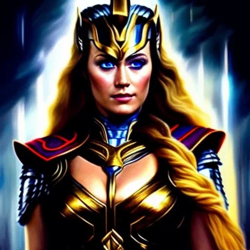 ultra detailed fullbody Portrait in oil on canvas of beautiful busty Angela sister of thor ,wearing Asgardian armor,extremely detailed digital painting, intrincate, intense stare, extremely detailed face,crystal clear Big Glowing eyes, mystical colors ,perfectly centered image, perfect composition, rim light, beautiful lighting, 8k, stunning scene, raytracing, anatomically correct, in the style of robert e howard and Ken Kelley and Ohrai Noriyoshi and Simon Bisley and tomzj1