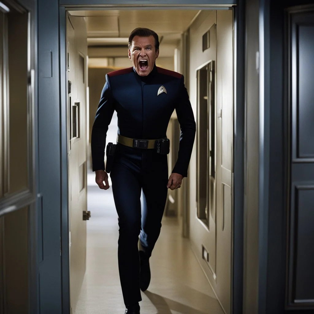 Star Trek, passageway, Trek Officer screaming as he staggers out a doorway