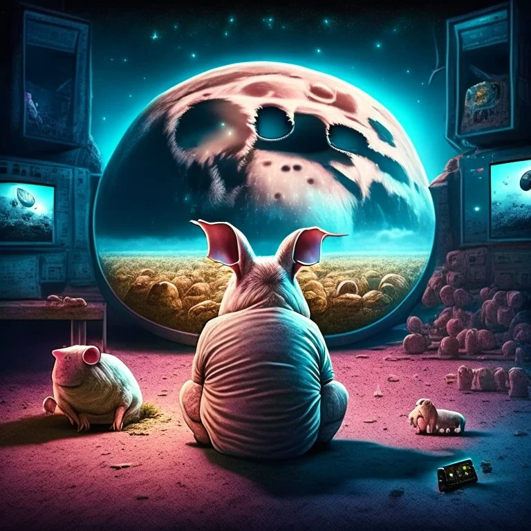 album cover realistic gamer pig watching movie about mushrooms cinema in the background huge moon huge rabbit