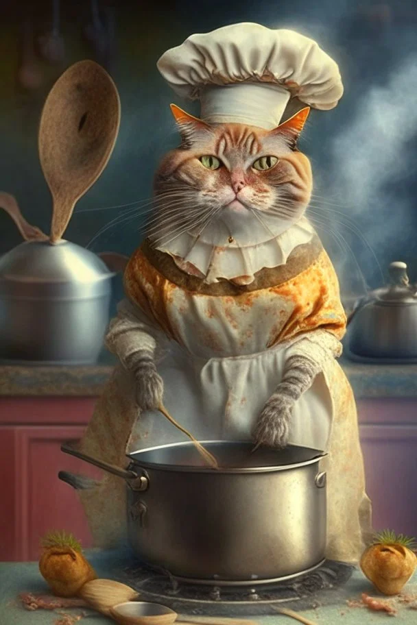 mother cat dressed in an aprin cooking