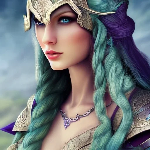 beautiful elven ranger queen with purple armor, delicate cyan braided hair, green glass eyes, white flowing dress, highly detailed, 8k, ambient light, taylor swift