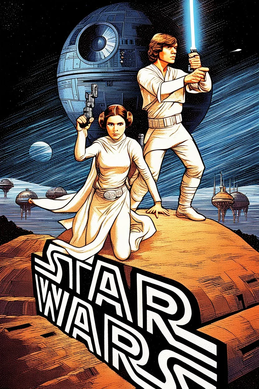 movie poster for Star Wars episode 4 featuring luke and leia in iconic poses atop of a mound shaped as the words "STAR WARS" death star in background, correct any proportions errors