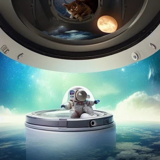 hyper-realistic floating astronaut and cat inside spaceship, cat looking through porthole at milkyway, 8k resolution, high-quality, fine-detail, detailed matte, intricate, 3D octane render, illustration, digital art, brian froud, howard lyon, anna dittman, greg rutowski,