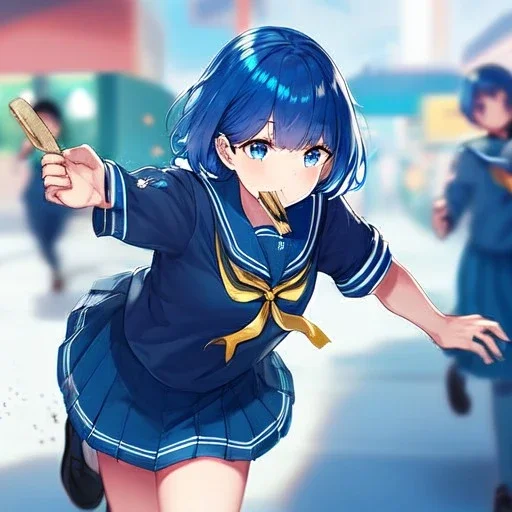 Clear focus,High resolution, Vibrant short blue hair, Vibrant blue eyes, Wearing a sailor uniform, Running with toast in her mouth