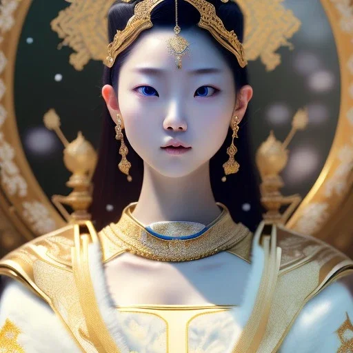 smooth hyper realistic, beautiful Japanese goddess, pale colors, dark cosmos background, cat еye, extremely sharp detail, finely tuned detail, ultra high definition, 8 k, unreal engine 5, ultra sharp focus, accurate sword wings, positive smile, lot of details, fit within portrait, Ambiance winter, perfect composition, perfect hair, perfect hands, finger up gestures