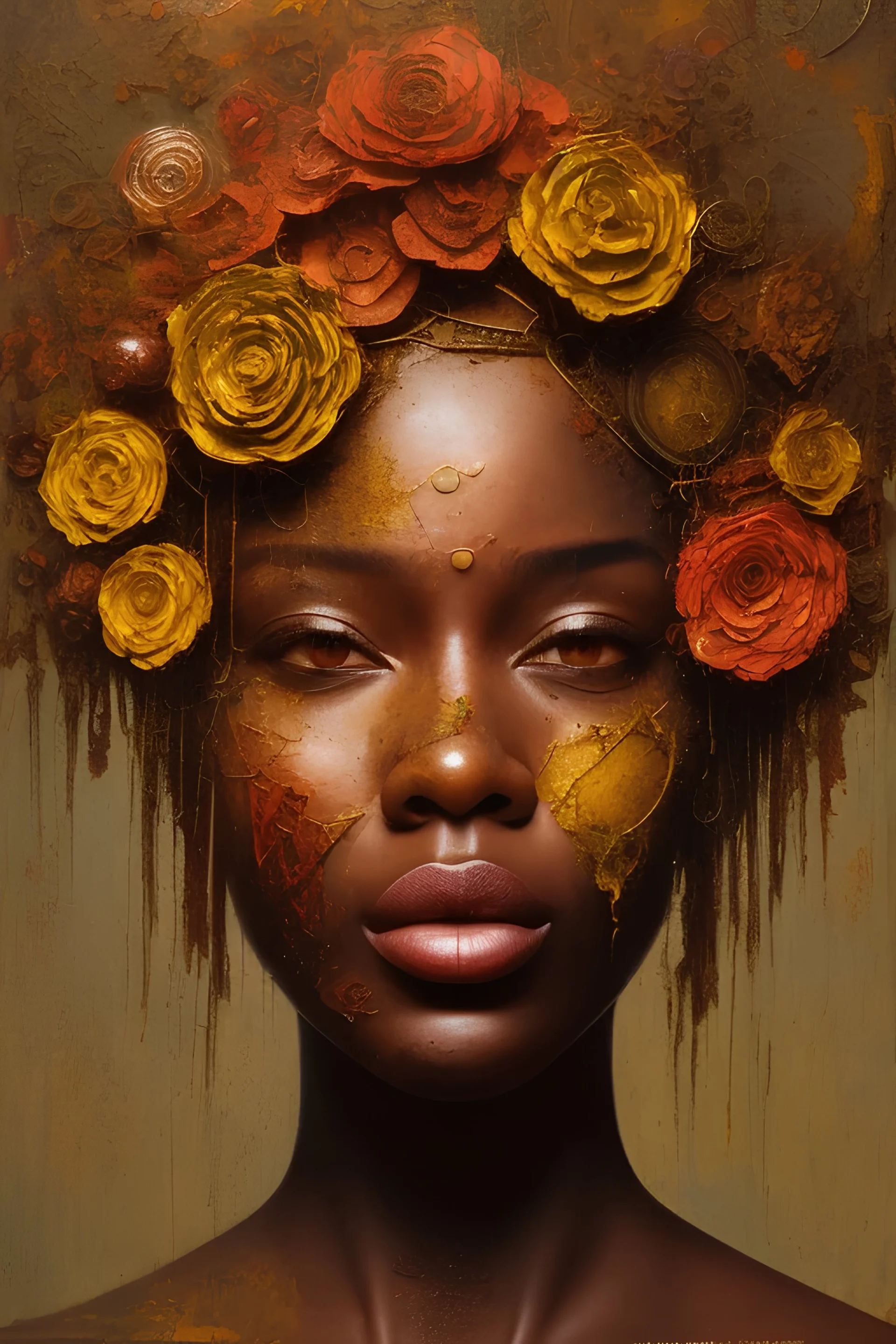 an abstract painting of rusted metal and flowers, african portrait, rust, scaffolding, iron cladding, decay, mixed media, textured, anatomically correct, beautiful perfect face, sharp focus, highly detailed