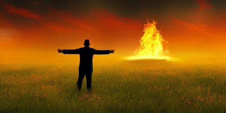 A man on fire standing in a meadow