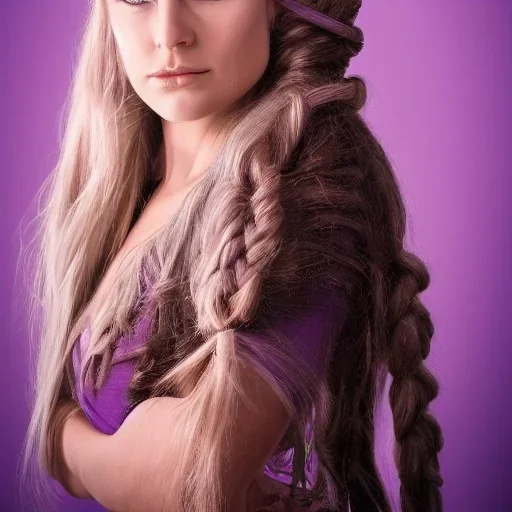 viking queen with purple armor, delicate purple braided hair, white flowing dress, highly detailed, 8k, ambient light, atmospheric lighting