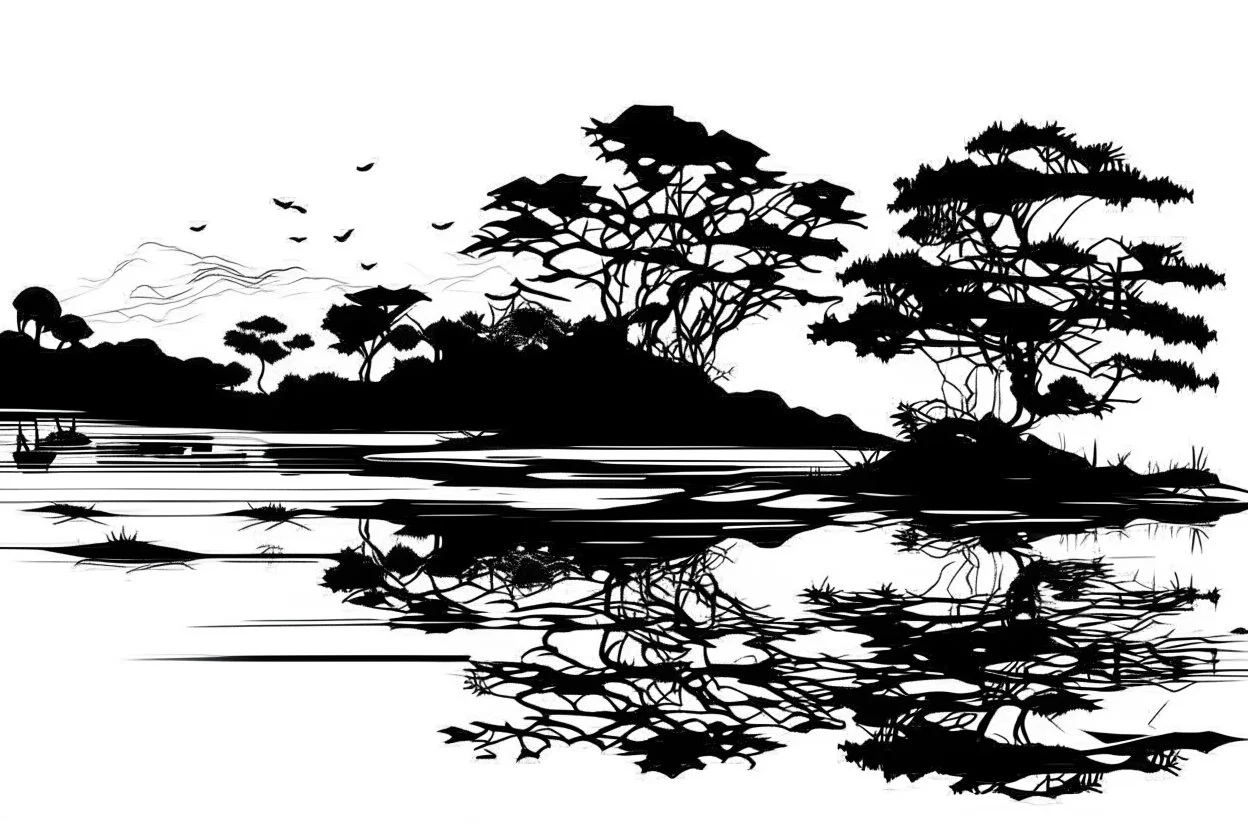 silhouette white background of beatuful scenic picture from a distance scenery painting