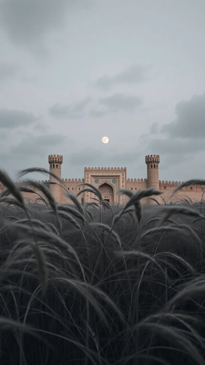 Windblown grass with winds with clouds and moon in the background, high quality picture 8k, beautiful cinematic lighting and all gray colors , a big old Islamic walls with towers and big gate in background