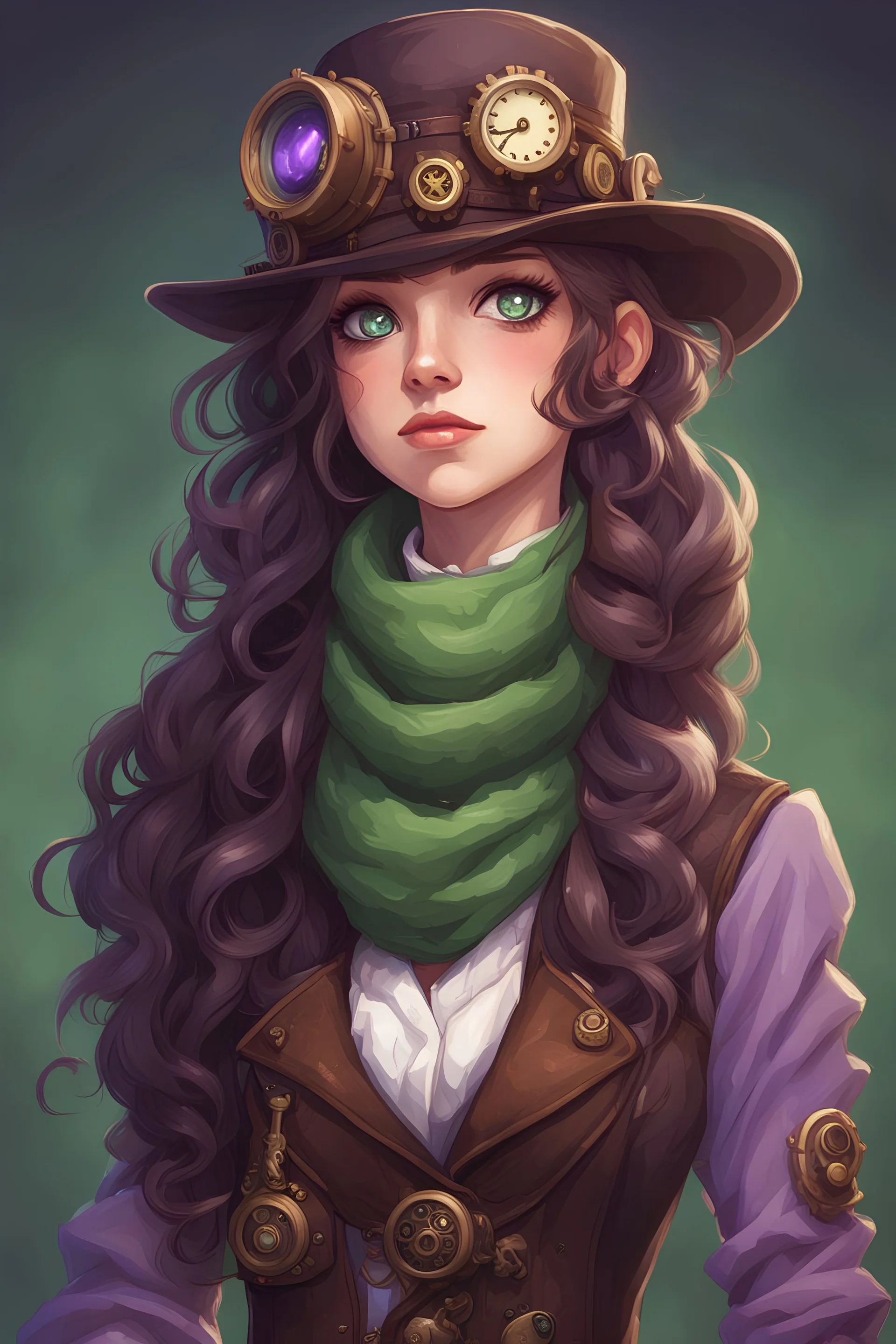 A girl with long, wavy dark brown hair, purple eyes, dressed in steampunk clothes, green scarf , stardew, valley style