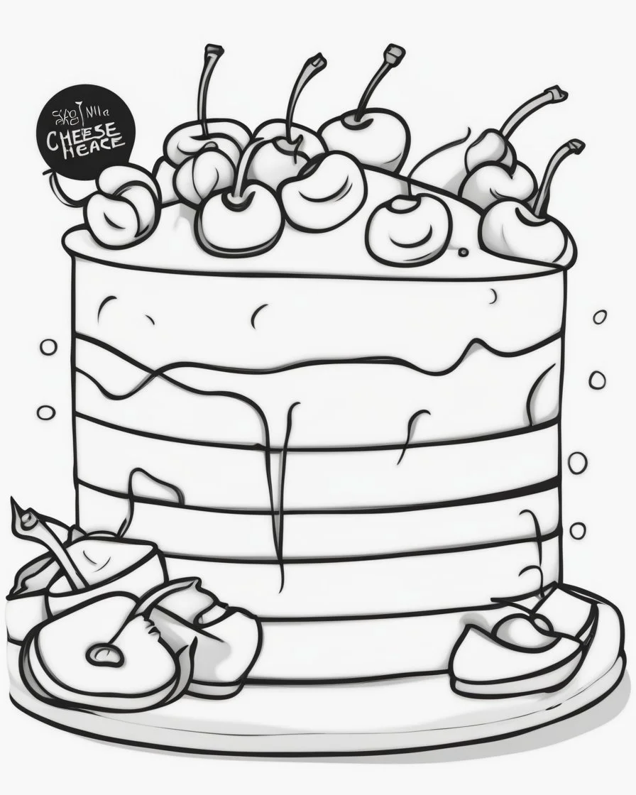 Coloring book, cartoon drawing, clean black and white, single line, white background, cute large cherry cheese cake slice