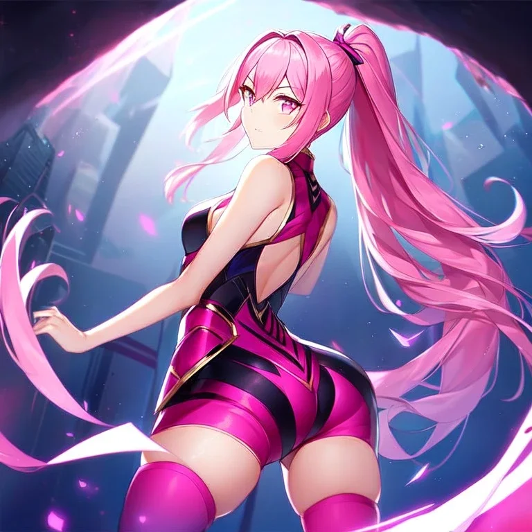 girl, masterpiece, best quality, volumetric lighting, detailed outfit, perfect eyes, pink hair, pink eyes, long hair, ponytail, thigh highs, looking back, angry,