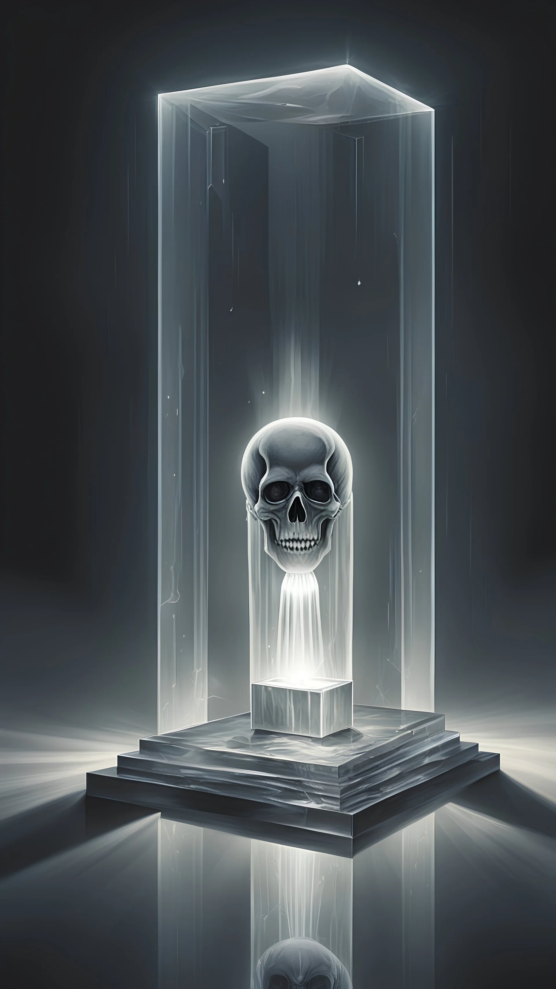 portrait of a square pillar with a grim reaper bulb in the foot, and mirrors reflecting light like crazy lazers bouncing against the sides up into a square crystal block head at the top