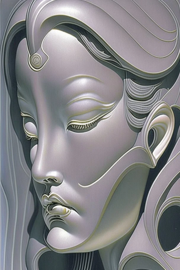 woman face, half view, greyish colors, by artist "gilded melted bubblewarp";by artist "erte";by artist "michelangelo da vinci";by artist "lalique";by artist "hector guimard" ;character design by artist "emshwiller sol";by artist "fan ho"