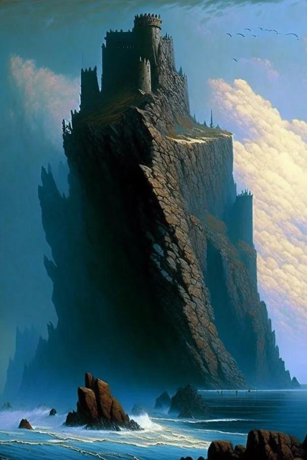 a rocky coast. A long isthmus juts out into the sea. the isthmus slopes upwards. on top of the isthmus there is a large fortress. dramatic. style of Michael Whelan.