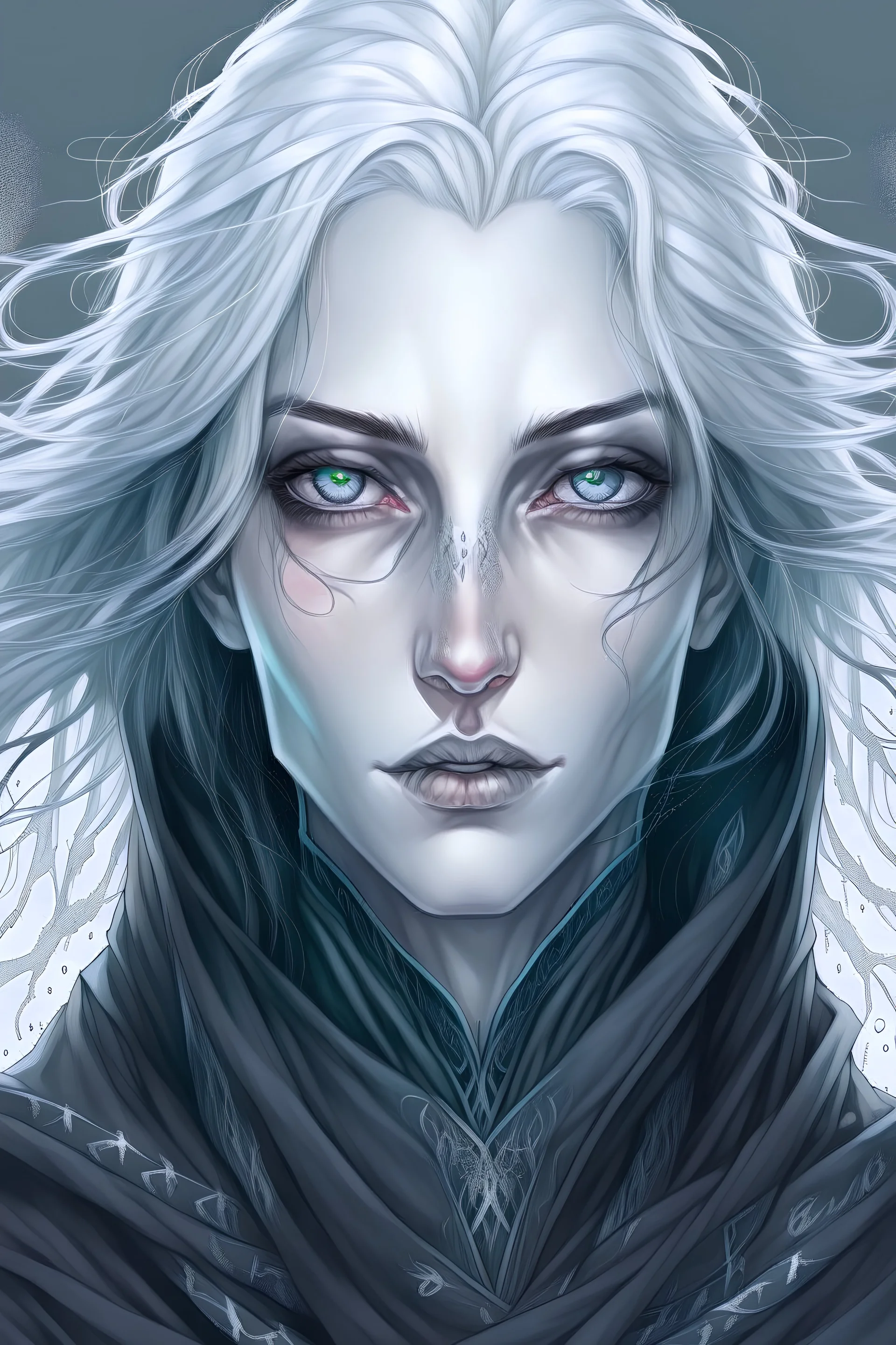 Hyper-realistic, highly detailed portrait, inspired by Yoshitaka Amano and Artgerm. Emphasize distinctly elven features: elongated, pointed ears and ethereal face. Woman with light grey, shoulder-length hair, light grey eyes, and chalky white skin. Dark fantasy attire: black scarf, black robe, bare arms.