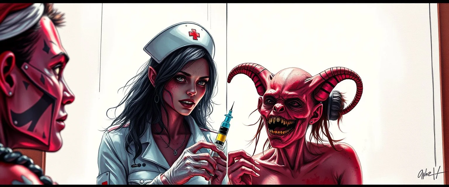 cyberpunk fallout 4, airbrush and pen outline, A cinematic, high-end advertisement image for a fictional service called “Spice Girl Nurse Glam Fashion Party™”. Split-screen composition with two contrasting emotional states. Mutants getting injected.