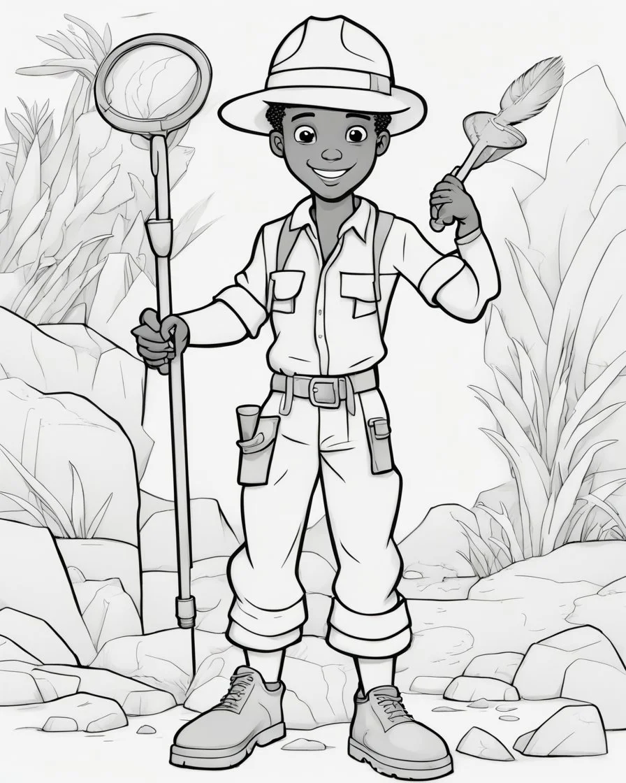 coloring page, depicting a black boy as a Archaeologist, full body, outline, black and white, highly defined, white background, empty background, cartoon style, coloring book style