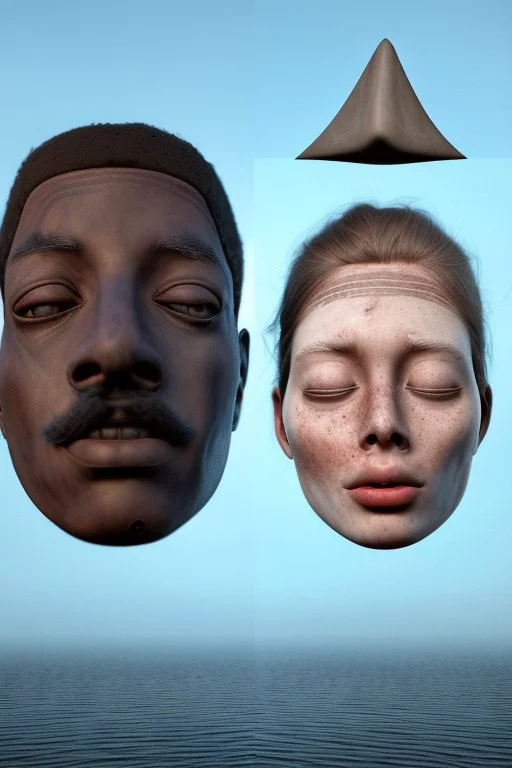 two distinct human faces. One oriented upright, the other is upside down. contemplative and mysterious. The left eye is a barren landscape with a lone tree, and the right eye contains a cloud-filled sky with birds flying. The mouth of the upright face is filled with water, and a small sailboat is present, floating on the water.