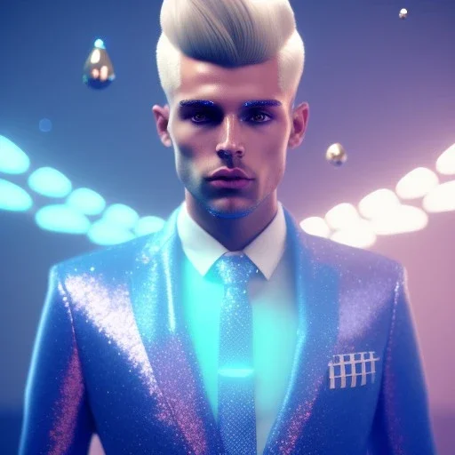 Handsome man cosmic, glitter and light blue and white suit with stripes, blond hair, piercing eyes, cinematic lights, octane render, unreal engine 5, 4k, focus details