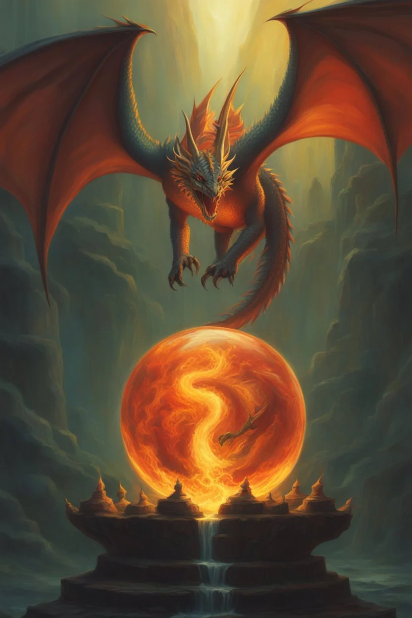 magic orb full of dragon fire. dragon with huge cloned wings. perfect claws. fantasy setting. concept art, intricately detailed, color depth, dramatic, colorful background. painted by Julie Bell