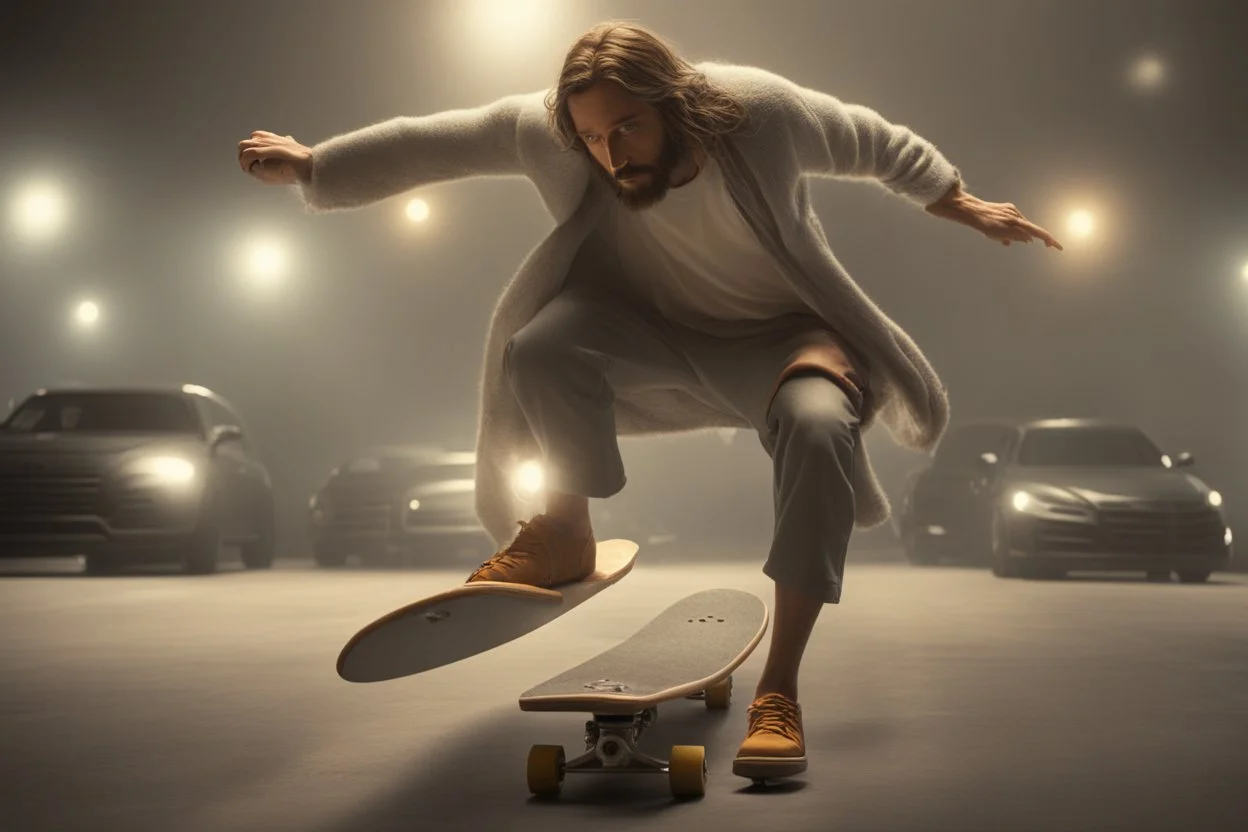 4k full realism, full details, full lights, Jesus fait du skateboard