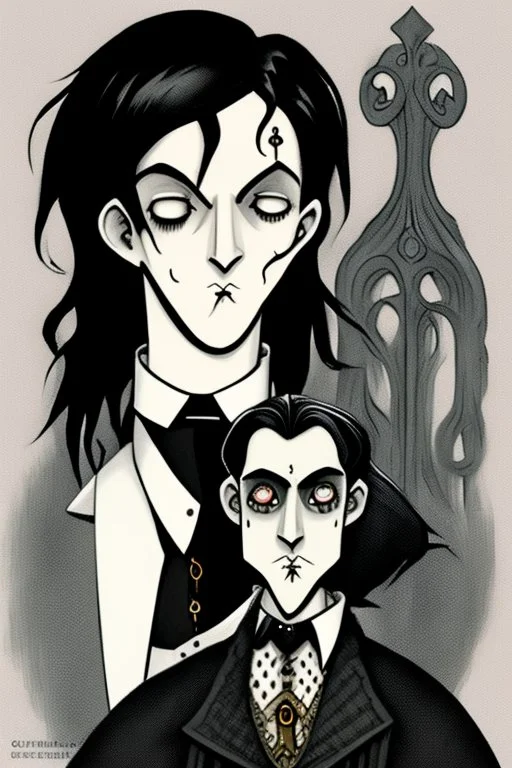 black haired young man necromancer wizard with gothic jewelry in the style of charles addams