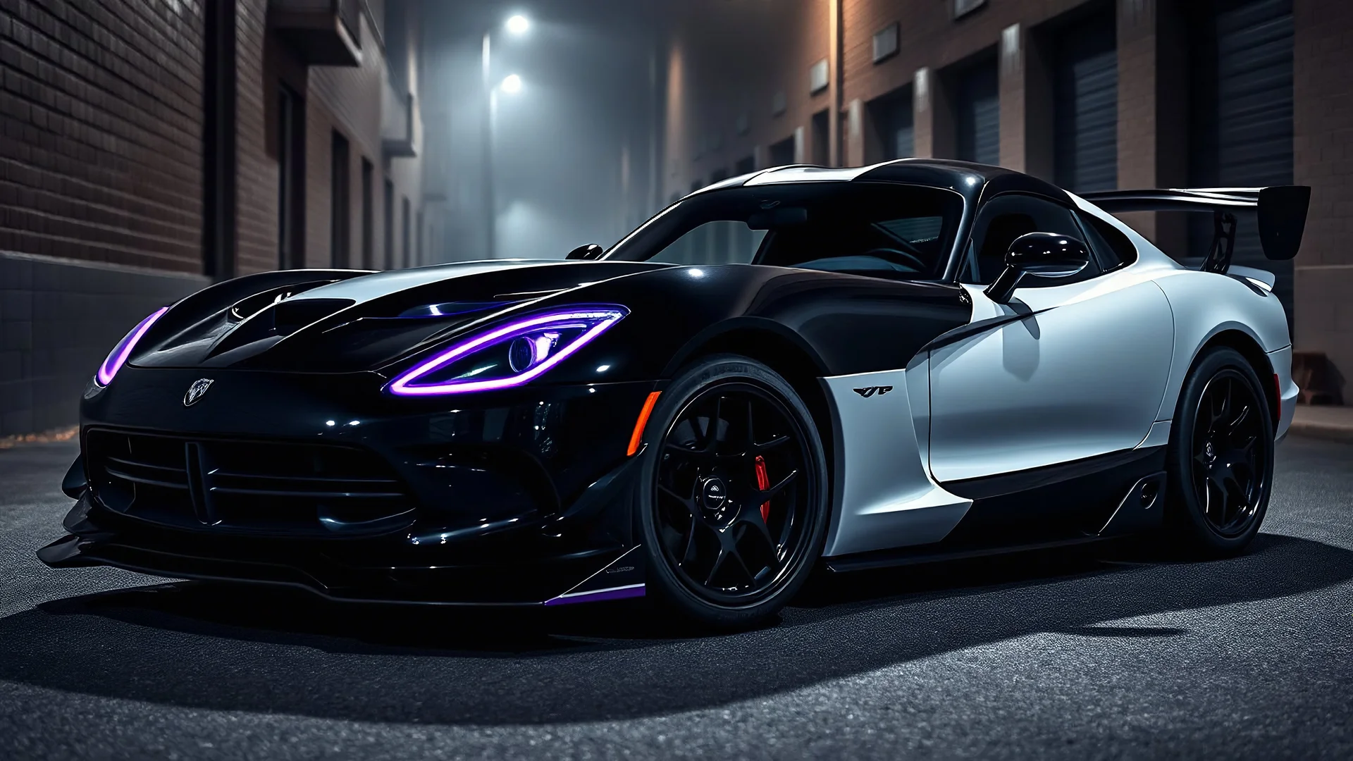 "An armored Dodge Viper with a fusion of gloss black and glossy white, featuring purple accents on the armor plating, spoilers, and rims. Tinted windows and deep purple headlights add to its mysterious vibe. The car sits low with black concave mega mesh wheels, set in a dark, foggy alleyway at night, exuding an ominous presence."