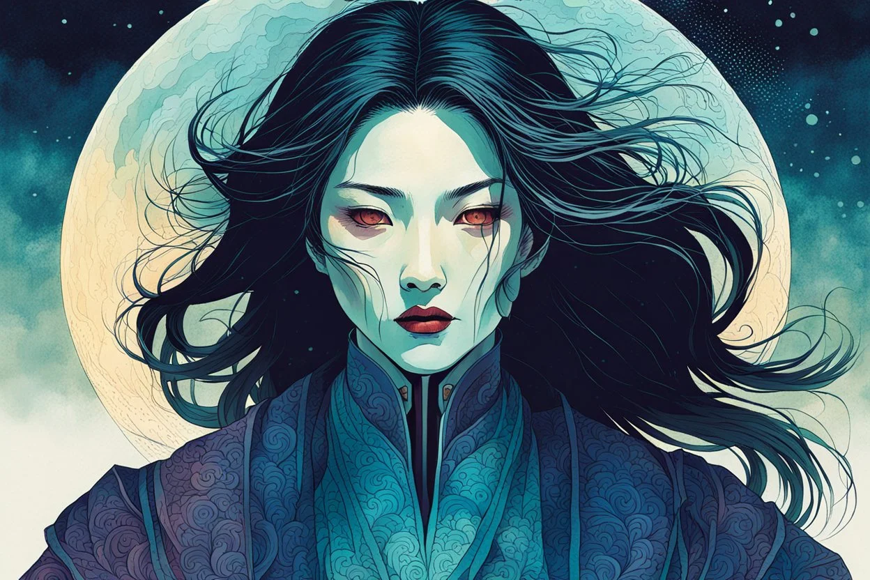 create an imaginative print illustration of an ethereal, otherworldly gaunt and withered ancient female Nukekubi shape shifting vampire , in the style of Hasui Kawase , Shiro Kasamatsu combined with the graphic novel style of Bill Sienkiewicz, with highly detailed feminine facial features