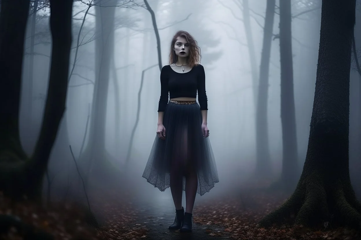 full-height shot of a young witch in a tight black skirt, in a wood, with mist