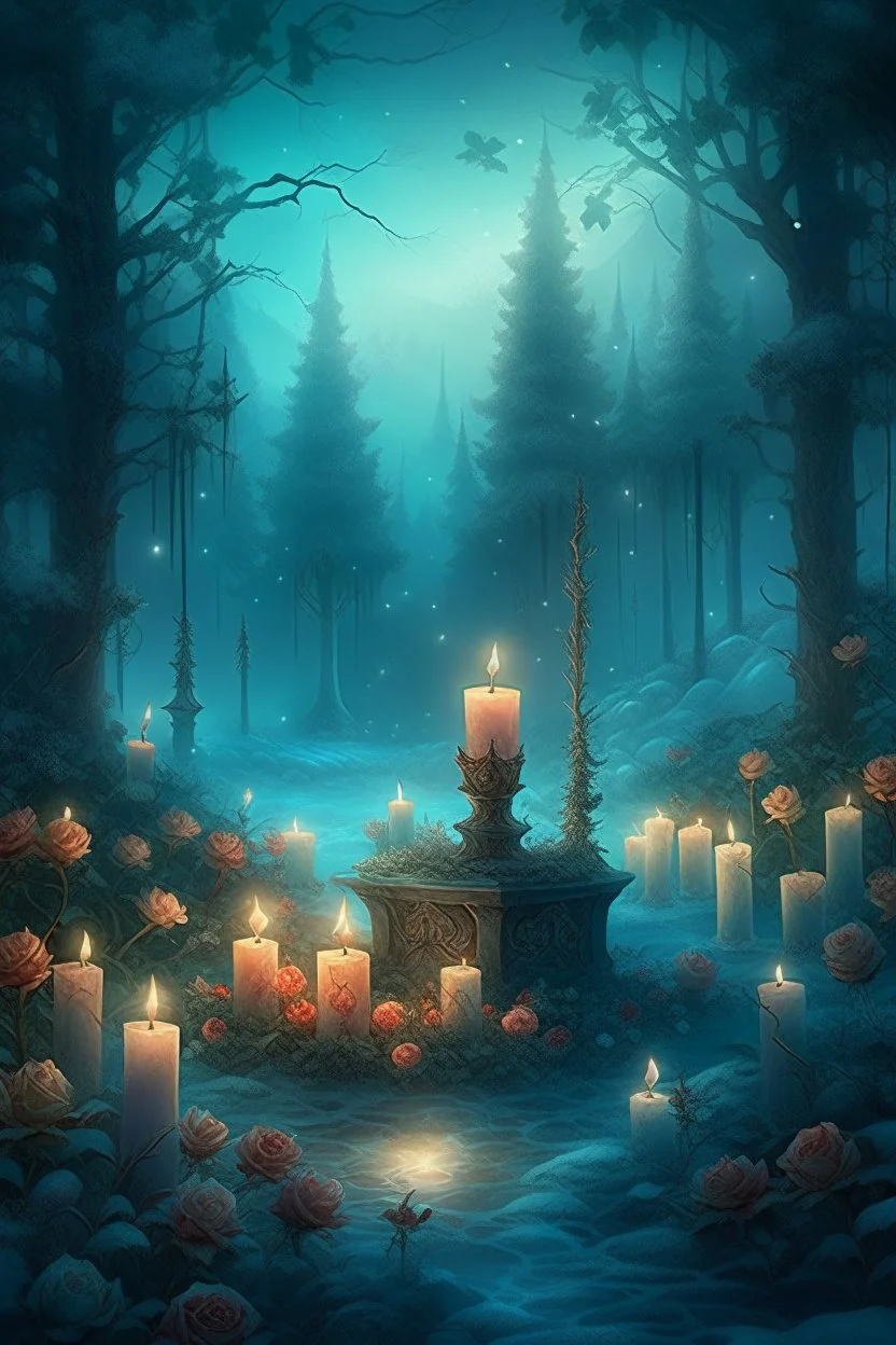 CANDLES ARE BURNING IN A WONDERFUL CLEARING IN A MAGICAL FOREST, THE NIGHT IS FULL MOON, SNOW, MAGIC Watercolor, double Chinese rose bush, ultra-detailed, morning, rain, greenery, beautiful landscape, fog, many details, delicate sensuality, realistic, high quality, 3d, work of art, hyperdetalization, filigree, foggy haze background, hyperrealism, professional, transparent, delicate pastel tones, back lighting, contrast, fantastic, unreal, translucent, glowing, clear lines, epic fabulous, fab