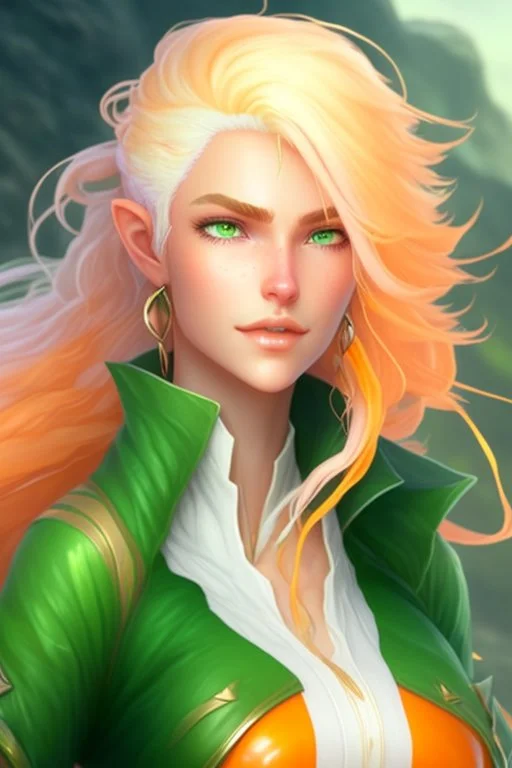 fantasy setting, woman ranger with orange and white hair, pastel green eyes, kind, soft facial traits