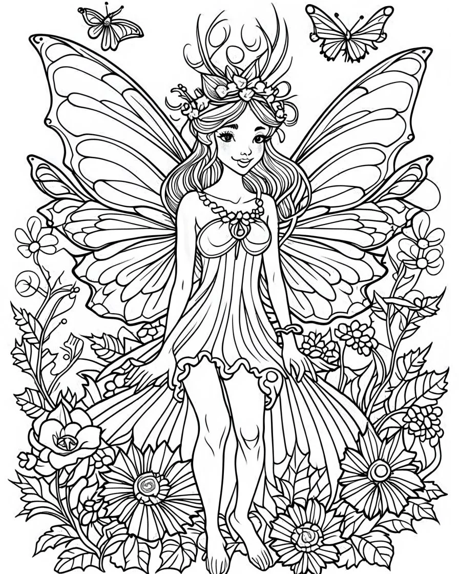 The fairy coloring page cartoon is simple, with bold precise clear lines, no color, white background.