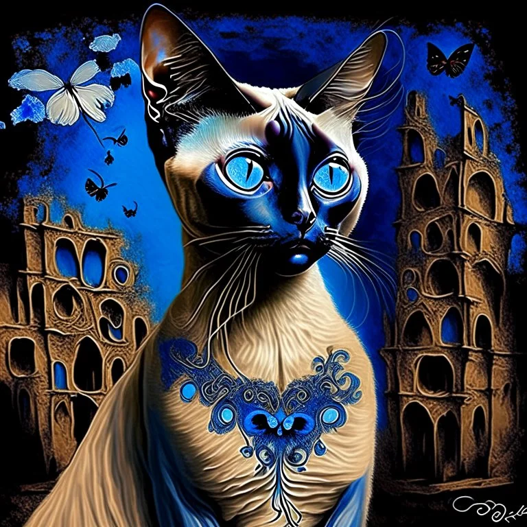 Starry night and Siamese cat, digital painting, fantasy, illustration, hyperdetailed, high definition, crisp quality, horror, dark, surreal, Weird, Tim Burton, creepy, Graphic novel, maximalist, Dr. Seuss, haunting, bizarre, frightening, Terry Gilliam, vintage, illustration