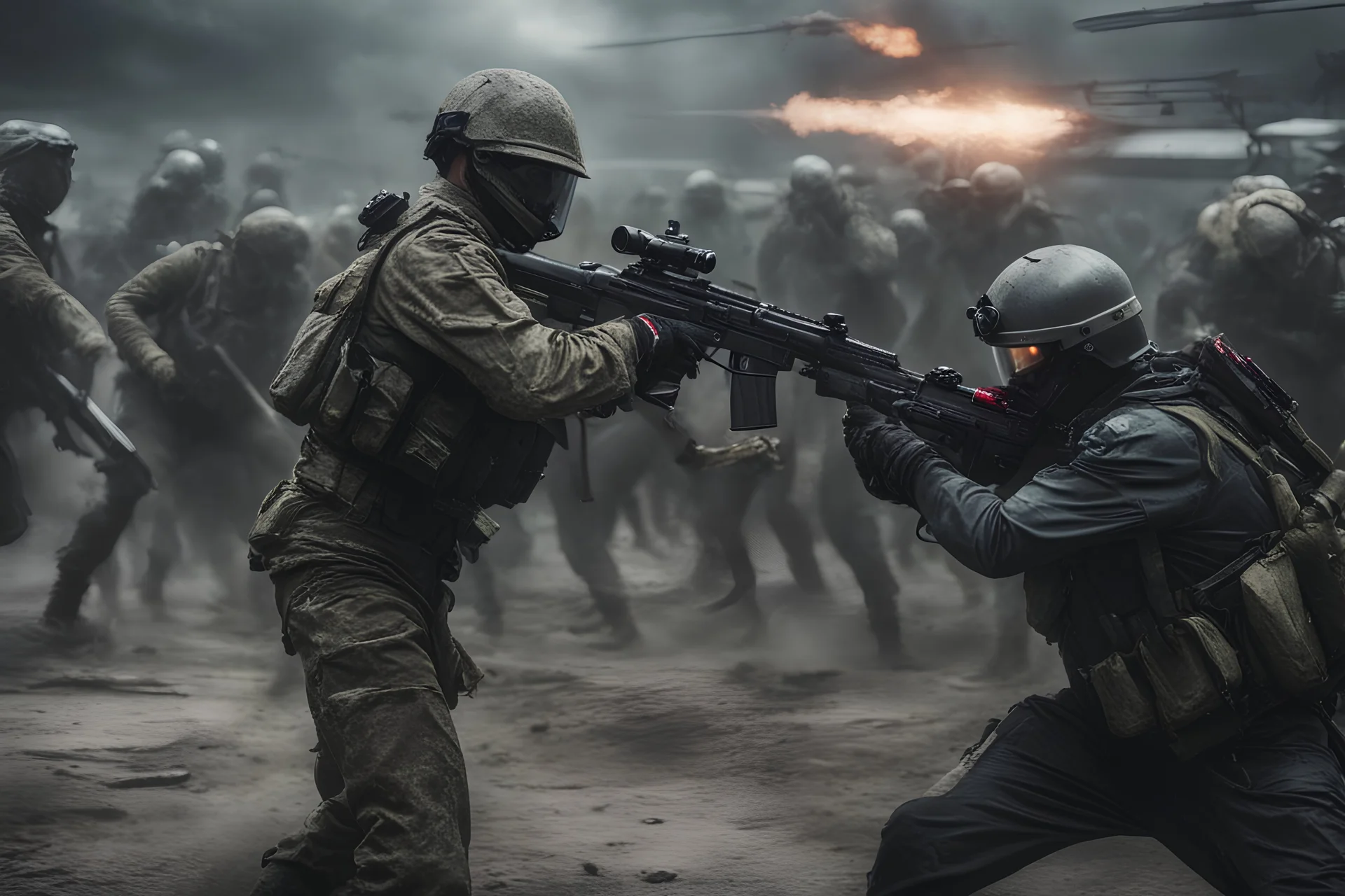 A hyper-realistic, , futuristic zombie fight with soldier, Photo Real, 8k