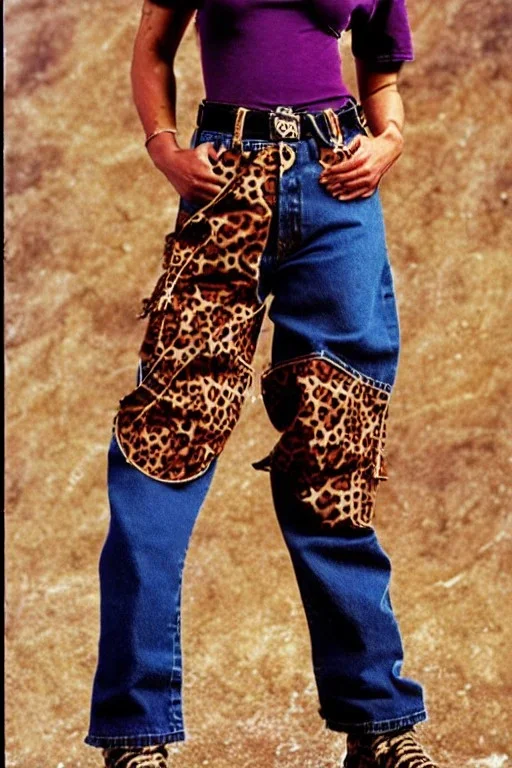 year 1997 denim fashion, grunge "combat pants", cargo, Loose fit, low waist, baggy. Colors: denim blue, blue, purple, khaki, light green, lilac, plum, orange, terracotta, red, pink, dark blue, beige. Patterns: cheetah, balls, stripes. cheetah belt. Something between camouflage and cheetah prints. Women models. Sharon Stone, Sandra Bullock, Winona Ryder, Milla Jovovich, Big tennis shoes on. Latex in small part, areas, clothes..Combat pants. Leg warmers.