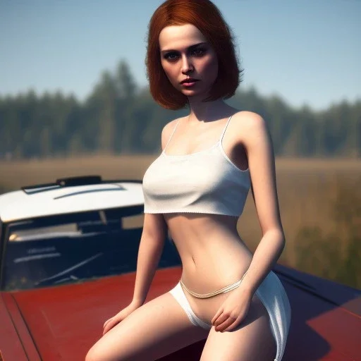 happy cute chick sitting on roof of a car portrait, wreckfest, spectacular graphics, unreal