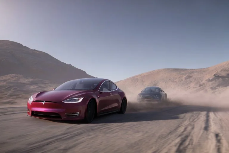 A Tesla 'Model S' is drifting at high speeds, within the trench of the Death Star. (CINEMATIC, WIDE ANGLE LENS, PHOTO REAL)