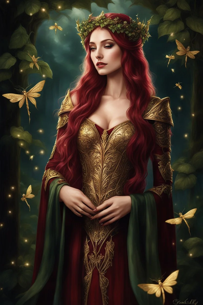 Burgundy hair, dark hair,dark red , rapunzel hair,very long hair,dark fairy princess,elven crown,night,dragonflies,beautiful,ong ashes,golden armor ,sparkle,night blooming,ivy,dark green,lilly of valley,golden elven crown,elven warrior,dark gold armor