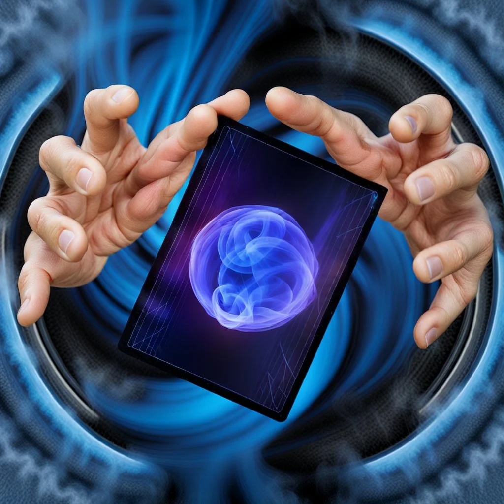 Hands attempting to grab card swirling blue and black smoke vortex background