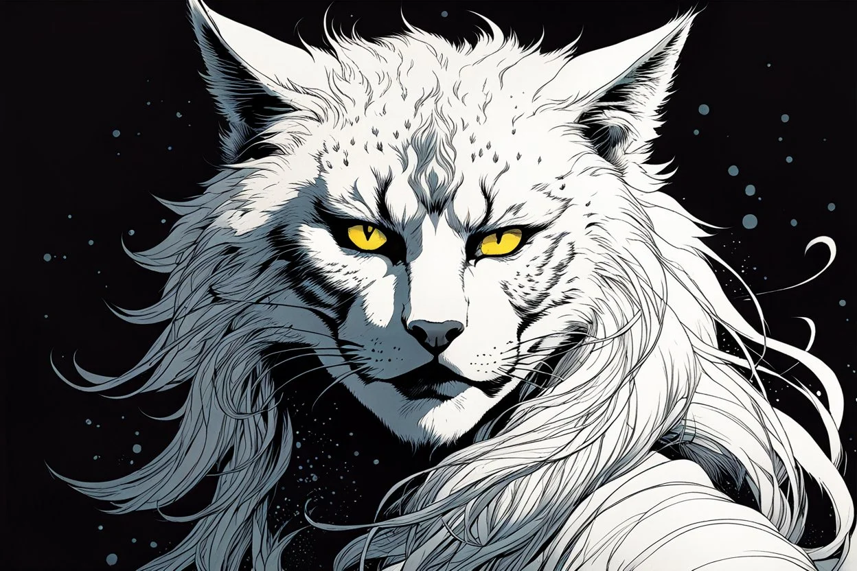 create an ethereal, otherworldly anthropomorphic Lynx woman , in the comic book art style of Mike Mignola, Bill Sienkiewicz, and Jean Giraud Moebius, with highly detailed fur and facial features , finely inked , dramatic natural lighting